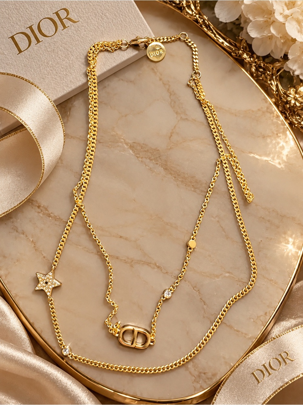Dior Gold Double CD Layered Necklace with Star Charm
